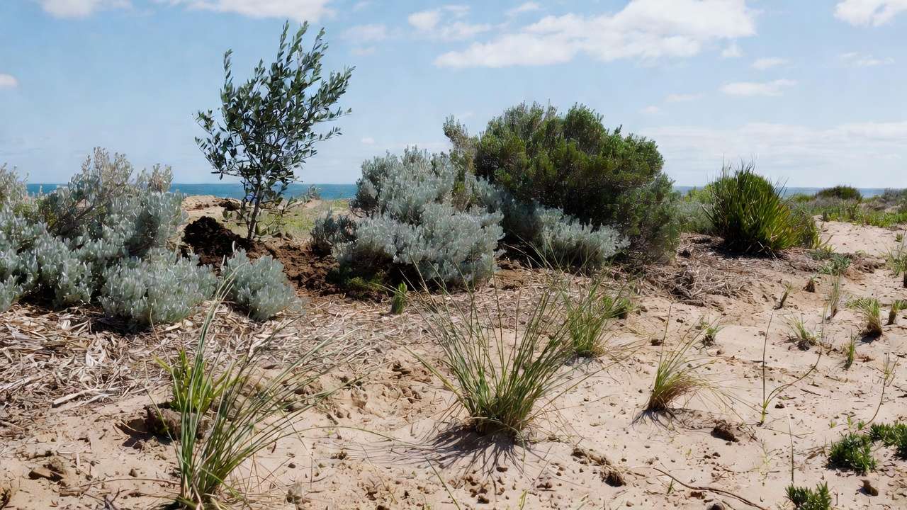 Step-by-step planting of layered wind-resistant plants in dry coastal sandy soil for long-term success