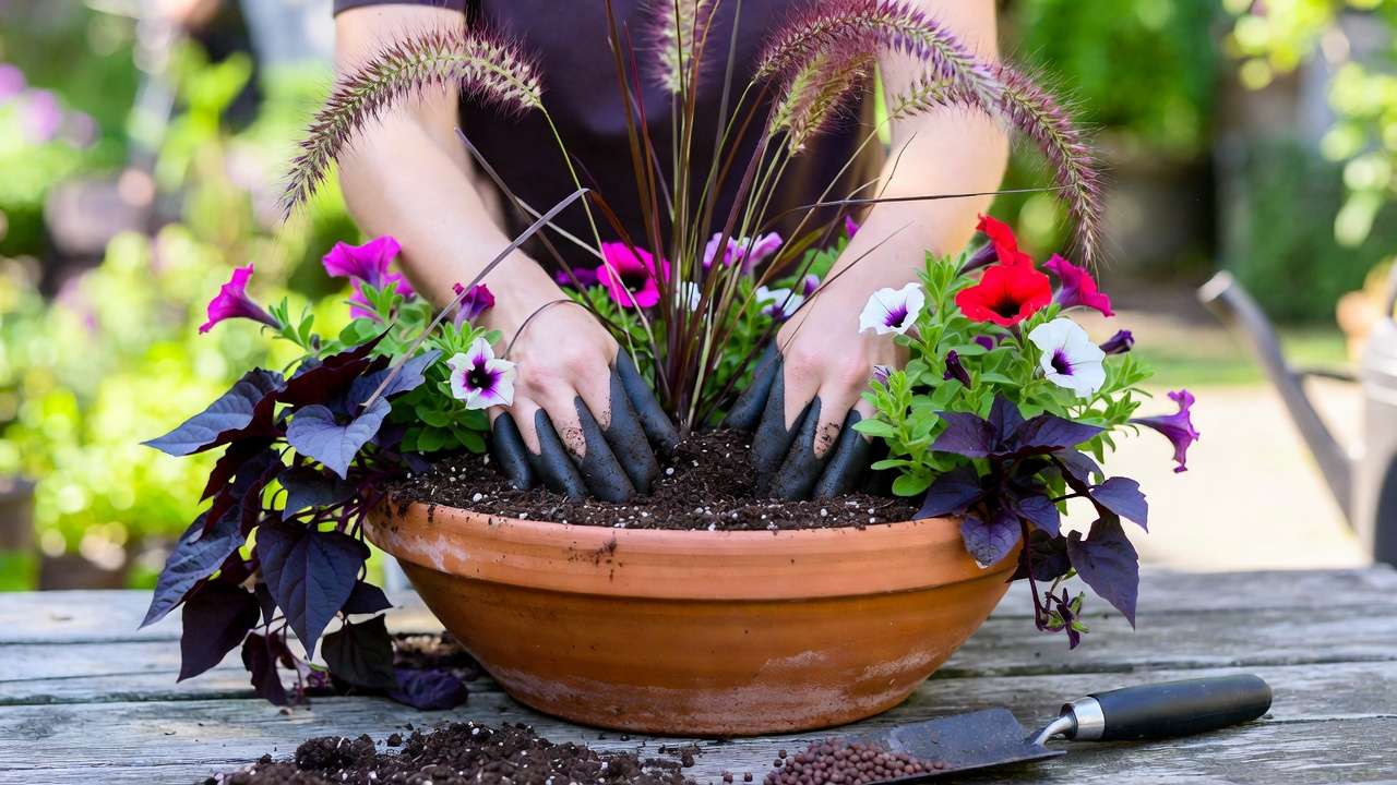 Hands planting a thriller filler spiller container garden with purple fountain grass, petunias, and sweet potato vine