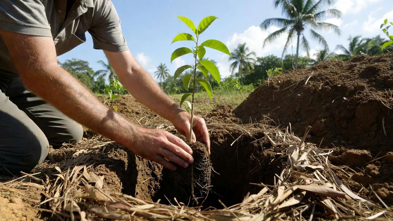 tep-by-step planting of young low-chill fruit tree with mulch in warm climate