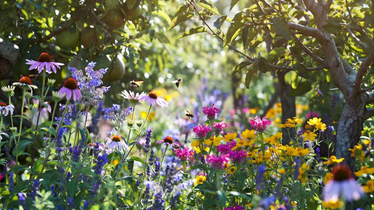 Blooming pollinator companion plants like borage and coneflowers near fruit trees to support bees