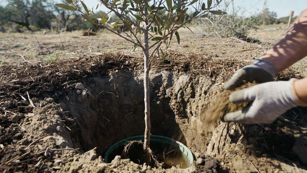 Correct planting technique for drought-tolerant trees with mulch and deep watering basin