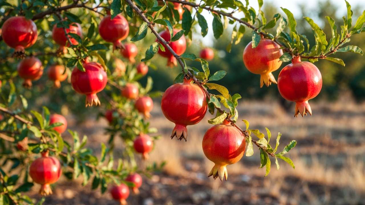 Ripe red pomegranates hanging on tree branches in drought-tolerant garden