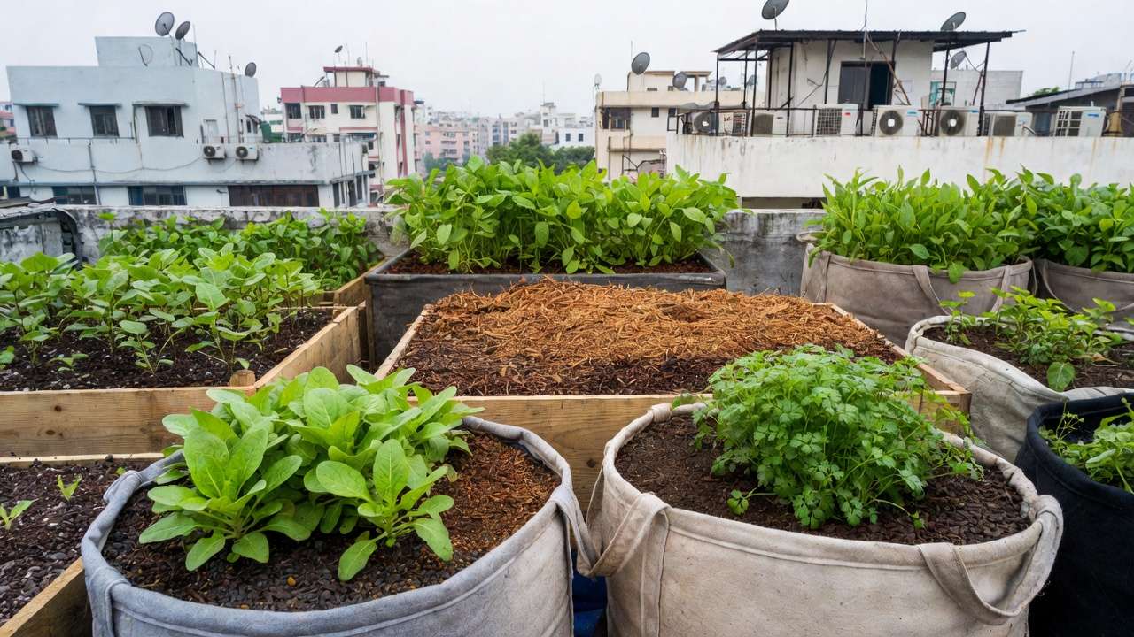 Raised bed and container gardening with clean soil on urban rooftop in polluted city environment for safe healthy plant growth