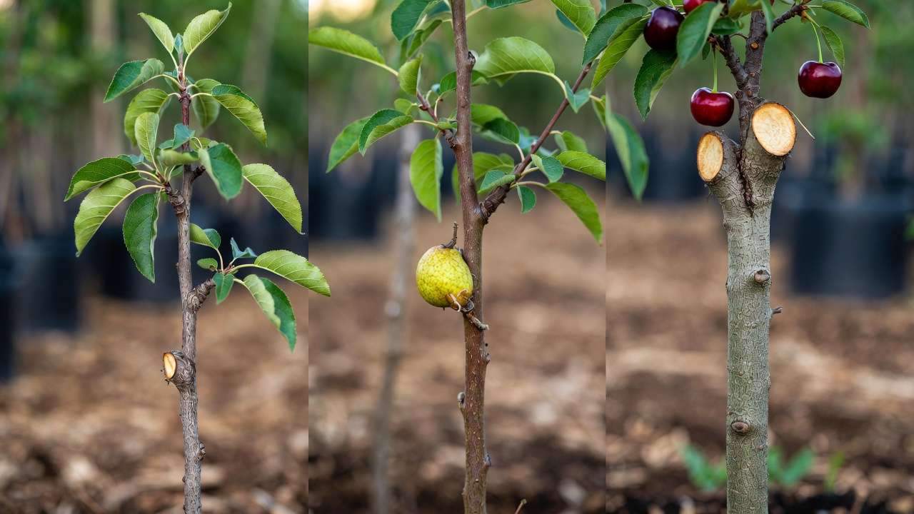 Grafted dwarf, semi-dwarf, and cherry trees showing different rootstocks in a nursery
