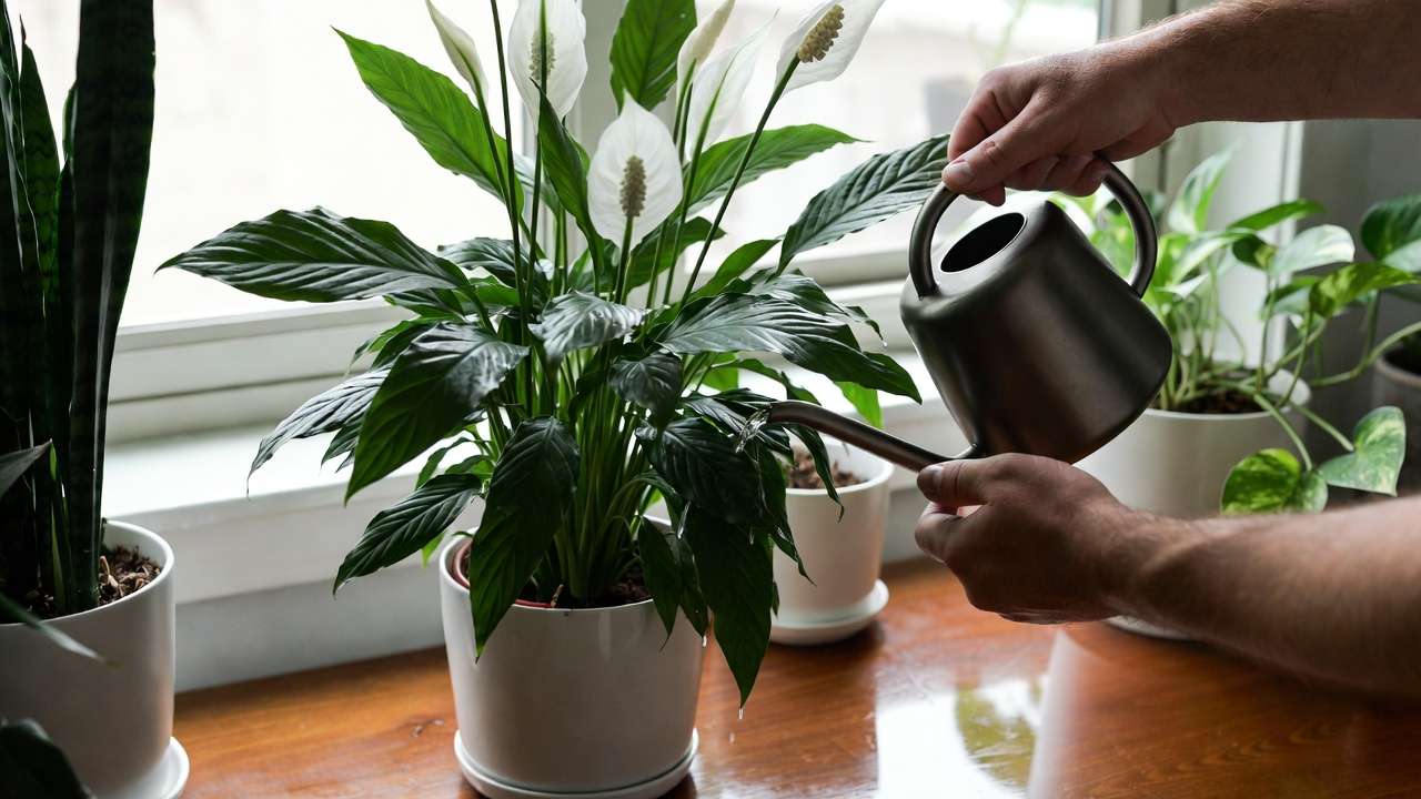 Person watering peace lily plant on home office desk as part of easy plant care routine for busy professionals