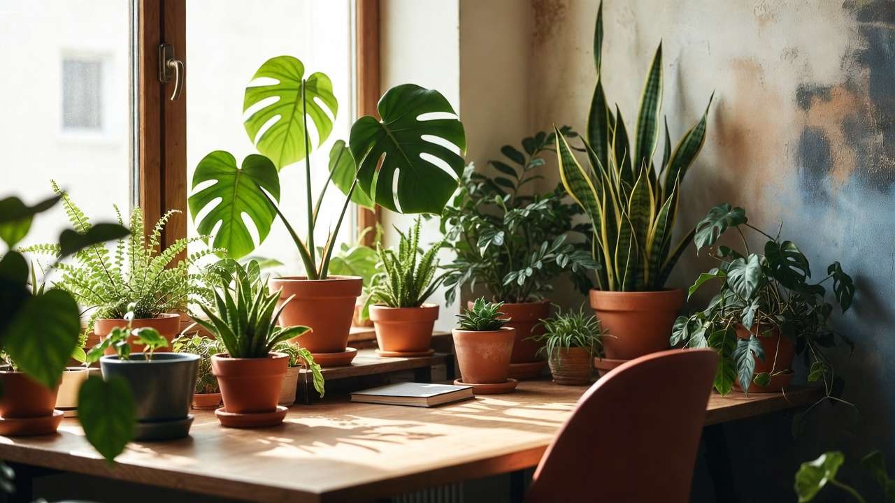 Biophilic home office desk surrounded by lush indoor plants, demonstrating how greenery boosts focus and wellness.