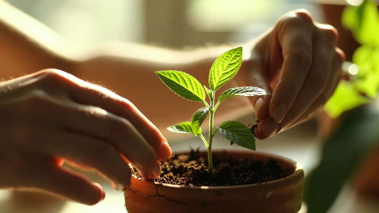 Hands nurturing a houseplant with gentle watering, showing mindful plant care for mental and physical wellness.