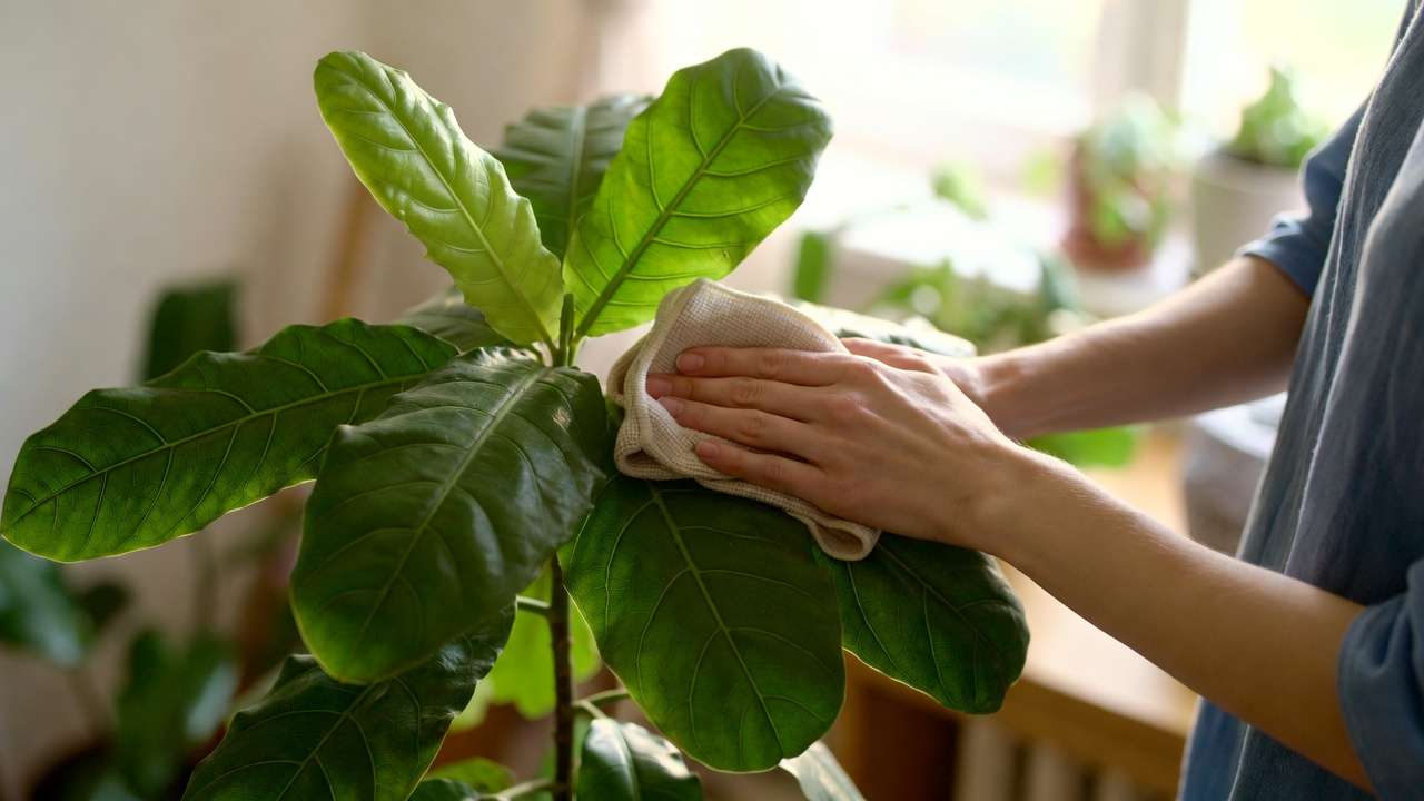 Homeowner dusting houseplant leaves to maintain air-purifying efficiency