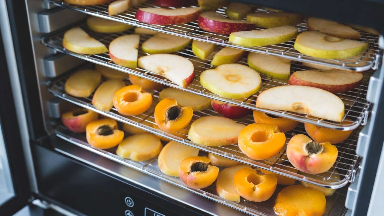Fresh sliced orchard fruits prepared on dehydrator trays for even drying