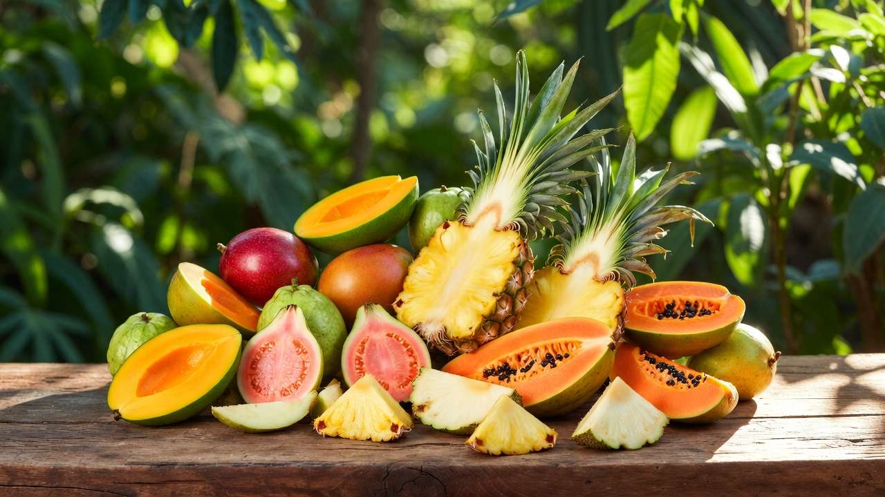 Fresh ripe tropical fruits like mango guava and pineapple from home garden ready for fermentation or brewing