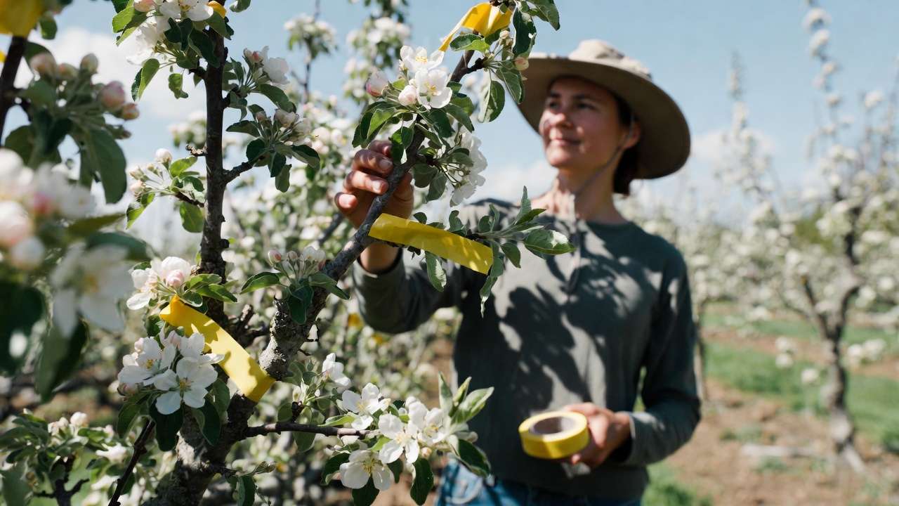 Gardener tagging and counting branches for monitoring fruit set and drop in apple orchard