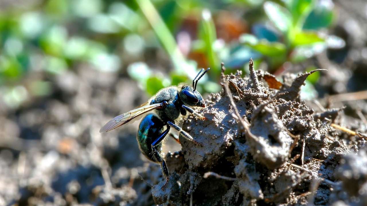 Mason bee gathering mud for nesting in orchard preparation