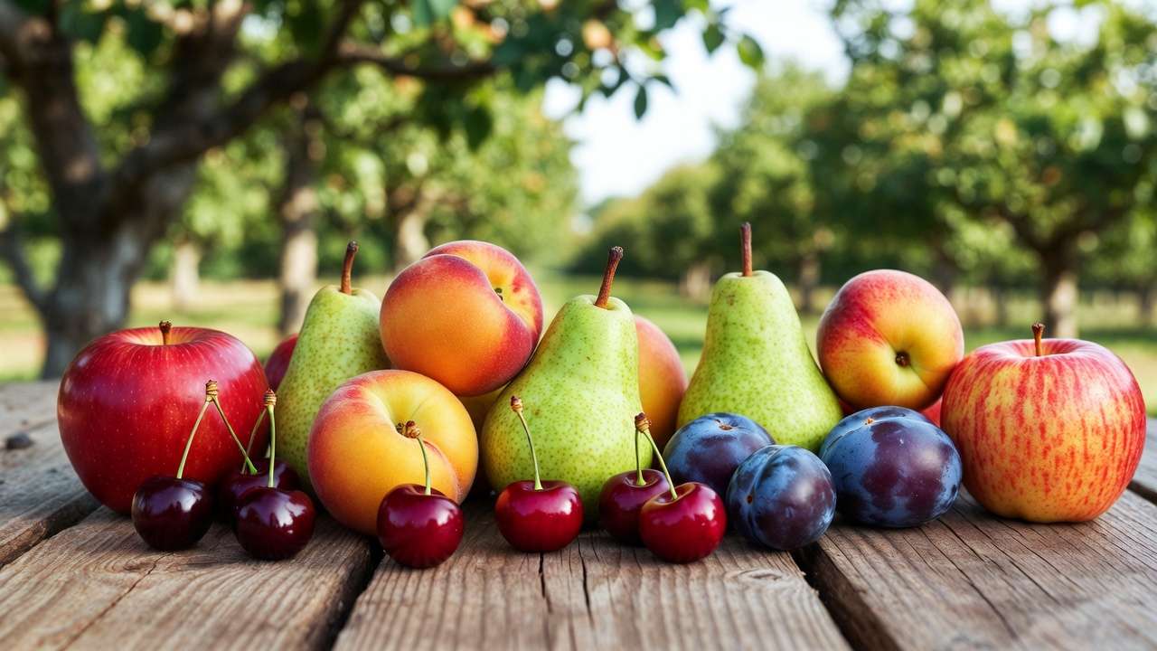 Fresh orchard fruits apples peaches pears cherries plums ready for freezing and canning preparation