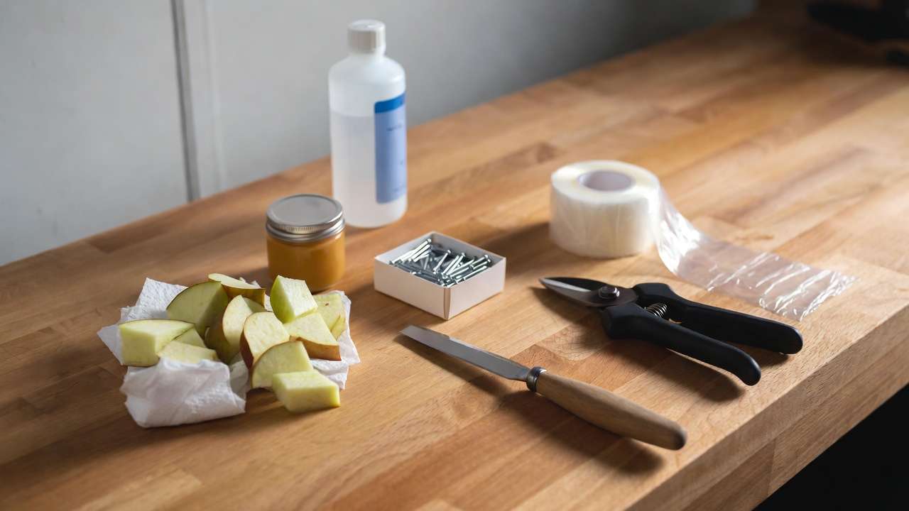 Grafting tools and scionwood prepared for bridge grafting repair on tree trunk