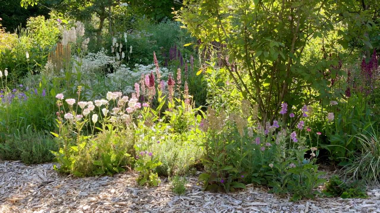 Diverse native plant border with wood chip mulch demonstrating prevention in sustainable landscaping