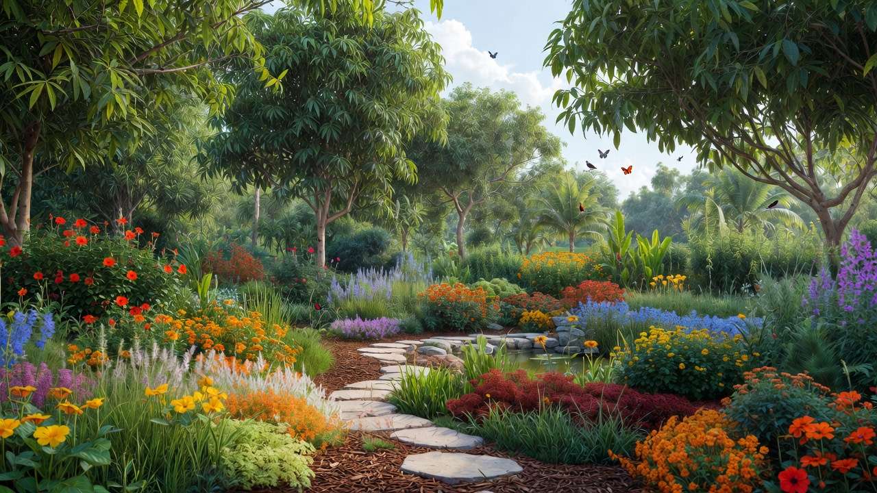 Lush eco-friendly tropical garden with native mango jackfruit trees layered plants pollinators and small pond in sustainable landscape design