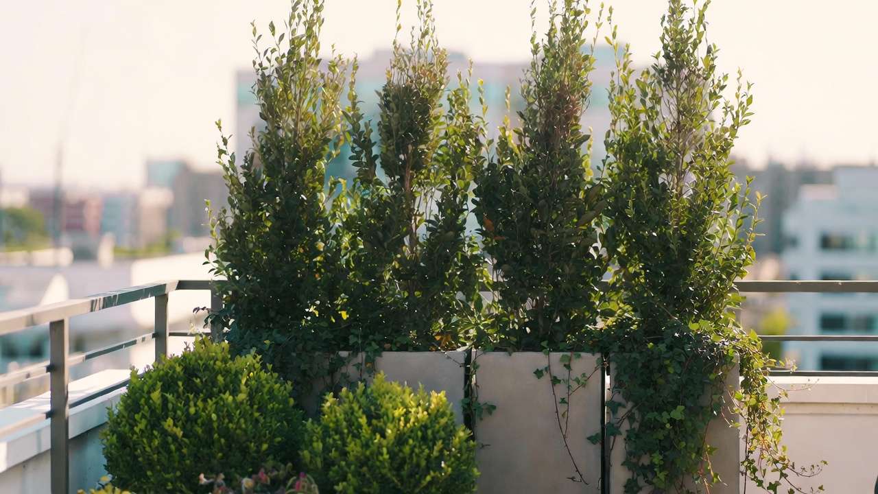 Privacy screen created with tall narrow evergreen shrubs in matching pots on a modern balcony