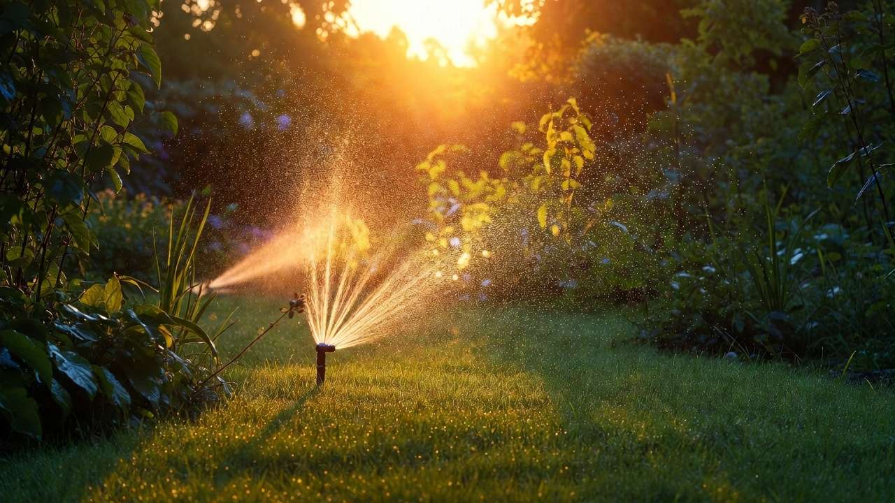 Early morning sprinkler watering lush garden lawn with dew and sunrise light for optimal absorption