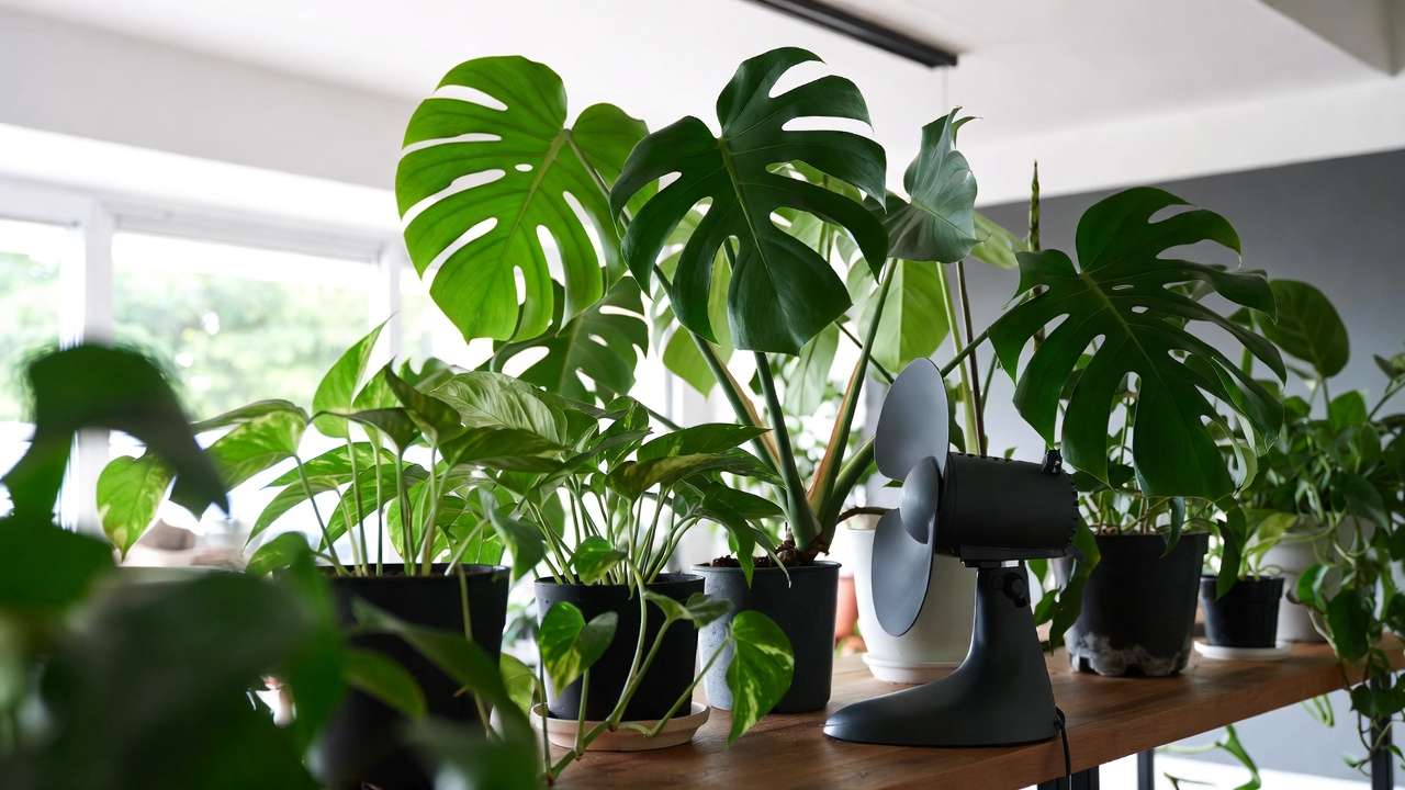 Healthy houseplants with oscillating fan improving air circulation in modern home.