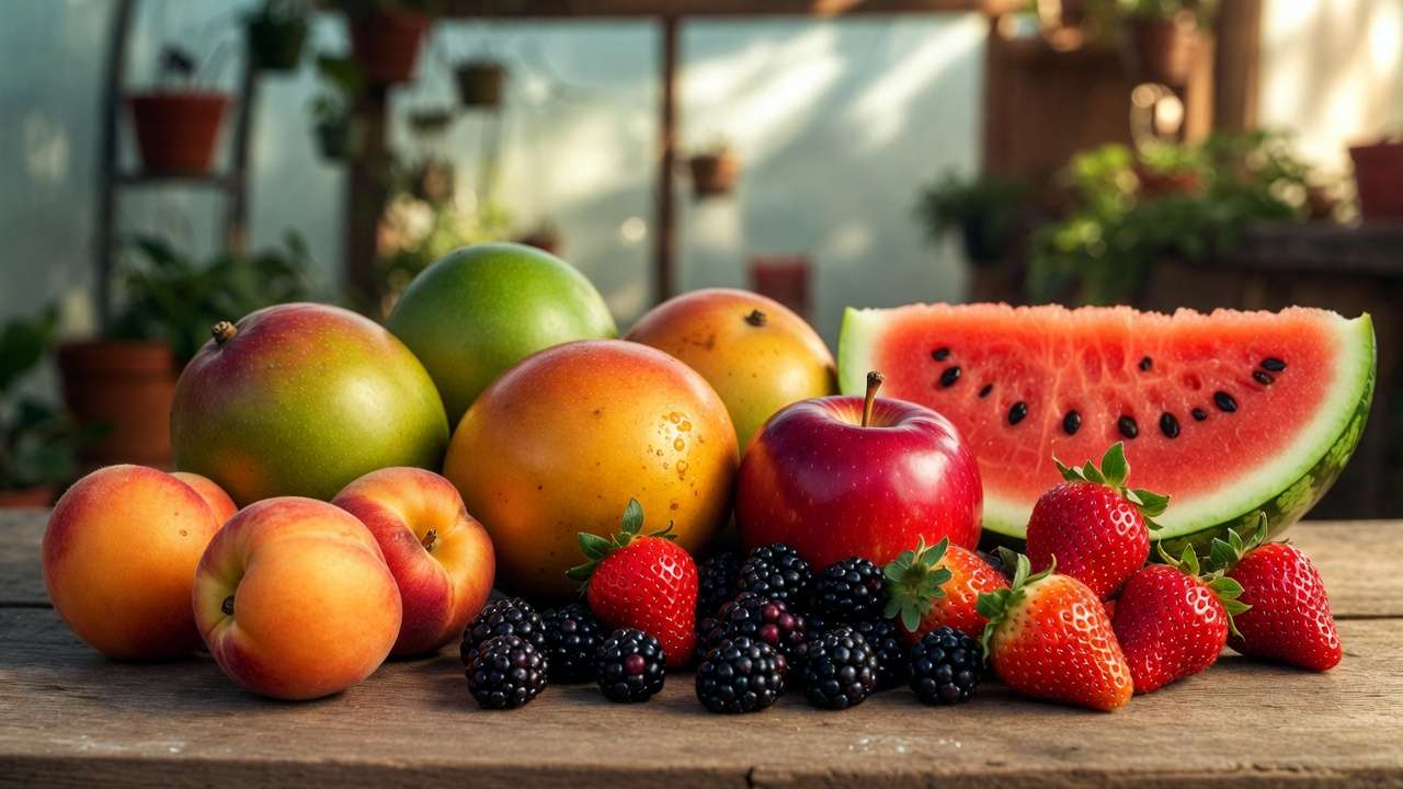 ollection of perfectly ripe home-grown fruits like peaches, mangoes, apples, and berries, inspiring guide to how to know when fruit is ripe