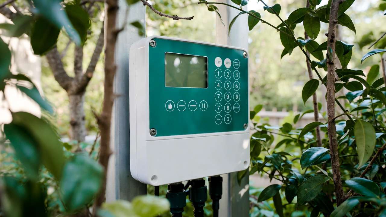 Rachio 3 smart irrigation controller installed in a garden with healthy trees and plants