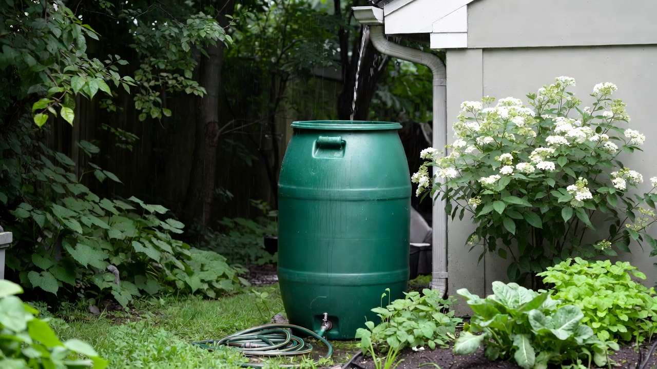 Rain barrel collecting rooftop runoff in a small backyard garden for plant irrigation