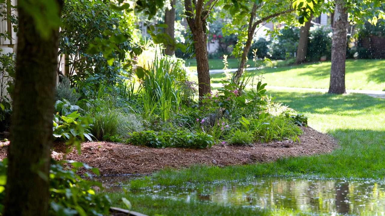 Lush rain garden capturing and filtering stormwater in a small yard with native plants