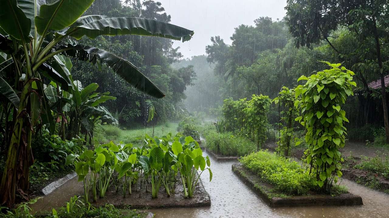 Lush tropical garden thriving in Bangladesh rainy season with banana, taro, and kangkong in wet conditions