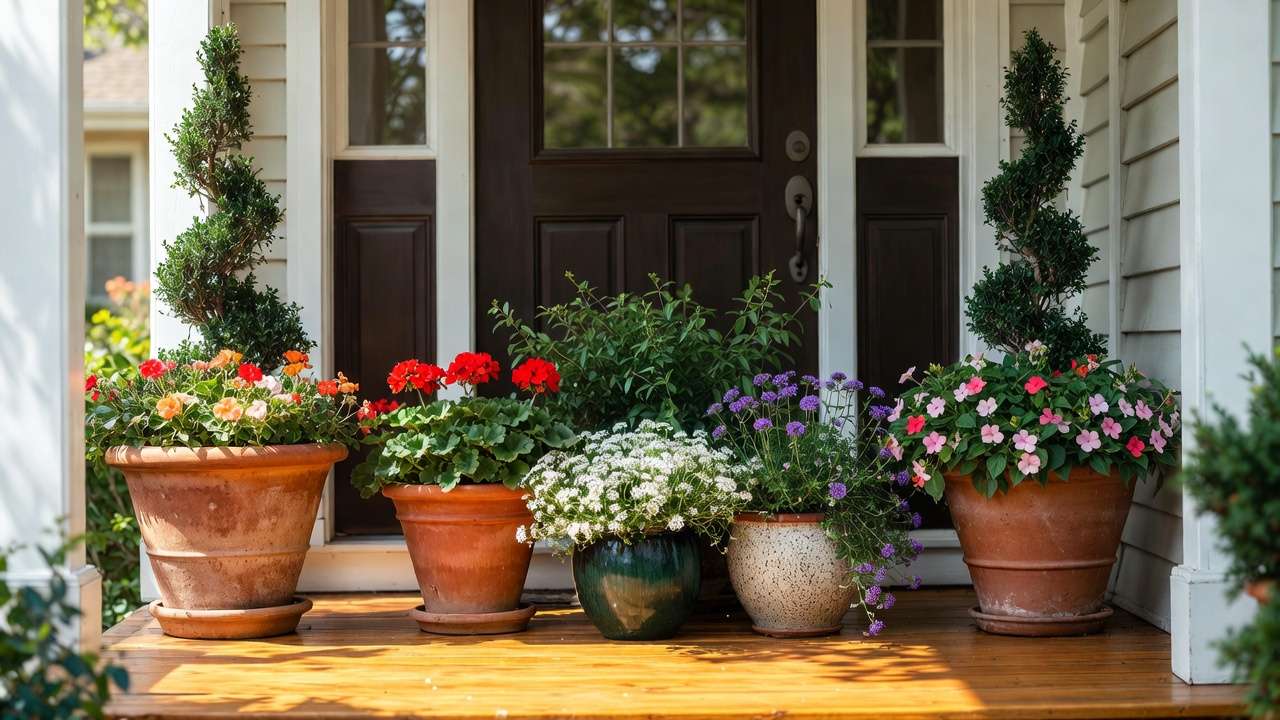 Welcoming front porch with symmetrical and central pot groupings featuring topiaries and colorful annuals
