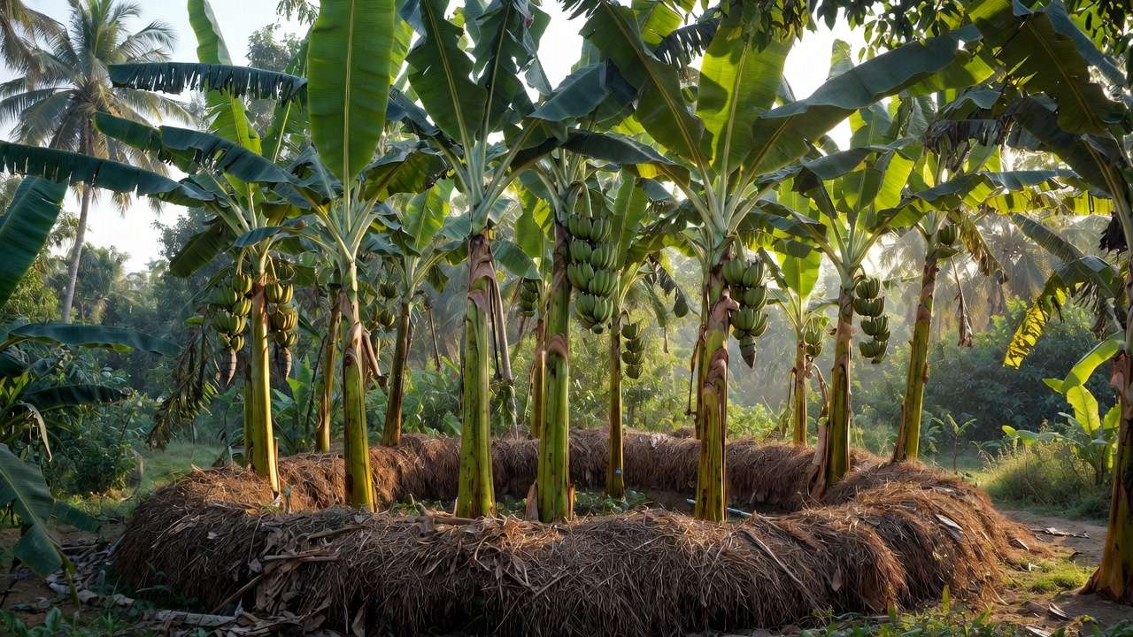 Healthy banana circle thriving on greywater irrigation in a mulched tropical home garden in Bangladesh