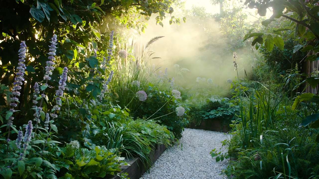 Real-life small yard transformation with layered plants, diagonal paths, and vertical elements for bigger feel