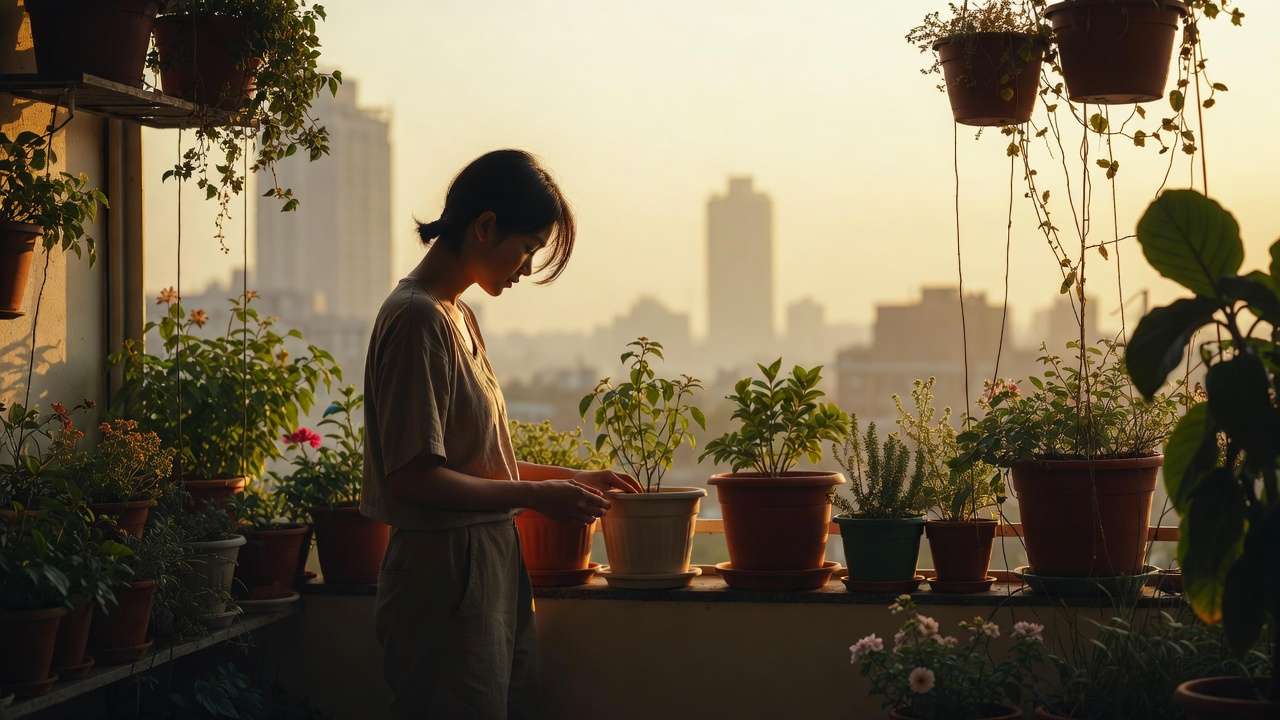 Urban dweller finding calm through balcony plant care, real-life example of biophilia improving daily wellness.