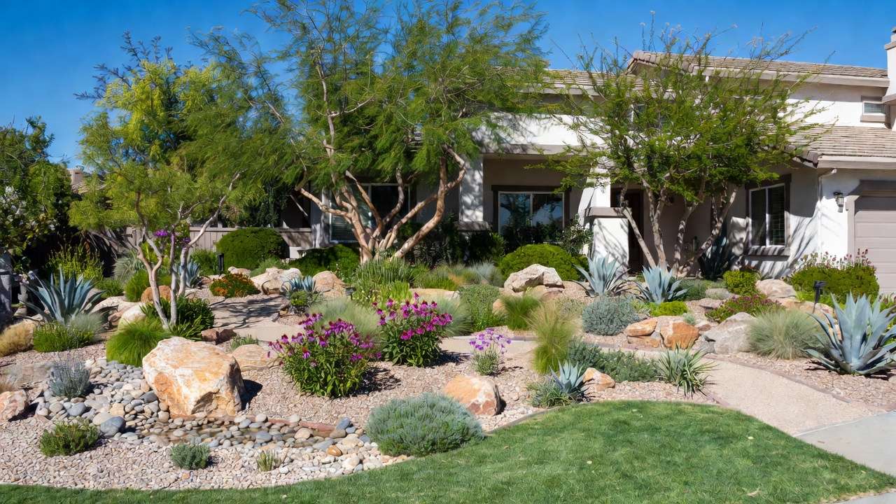 Real-life example of a transformed xeriscape front yard with layered plants, rocks, and dry creek bed