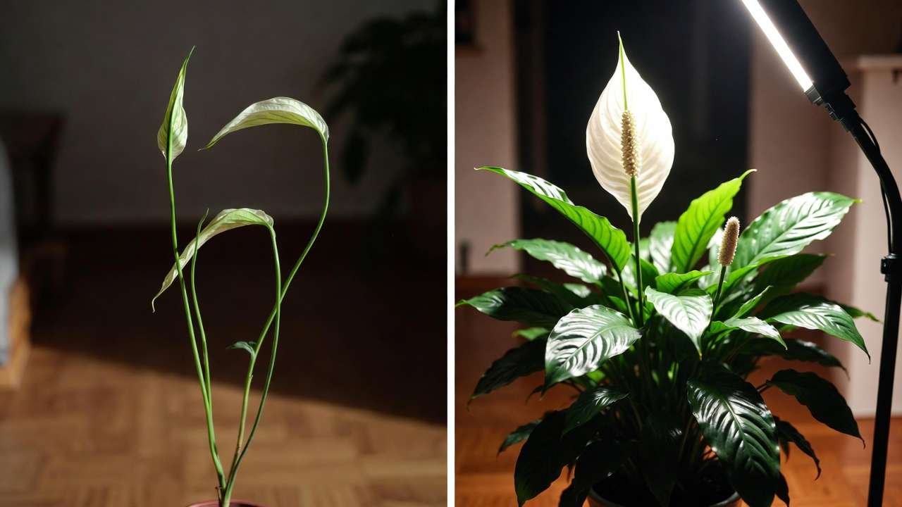 Before and after transformation of peace lily with grow lights showing healthier growth and better air purification
