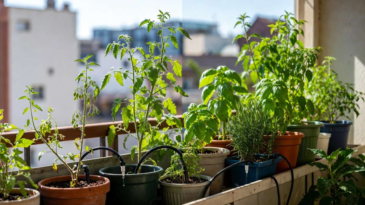 Thriving balcony container garden with healthy plants using DIY drip irrigation system
