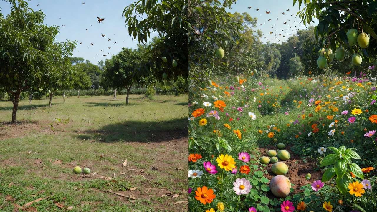 Before and after transformation of orchard edge with pollinator-friendly plants showing increased bee activity and better fruit set