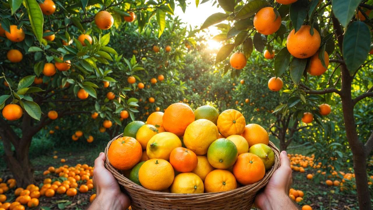 Bountiful harvest of citrus fruits from successfully grafted trees in a home orchard