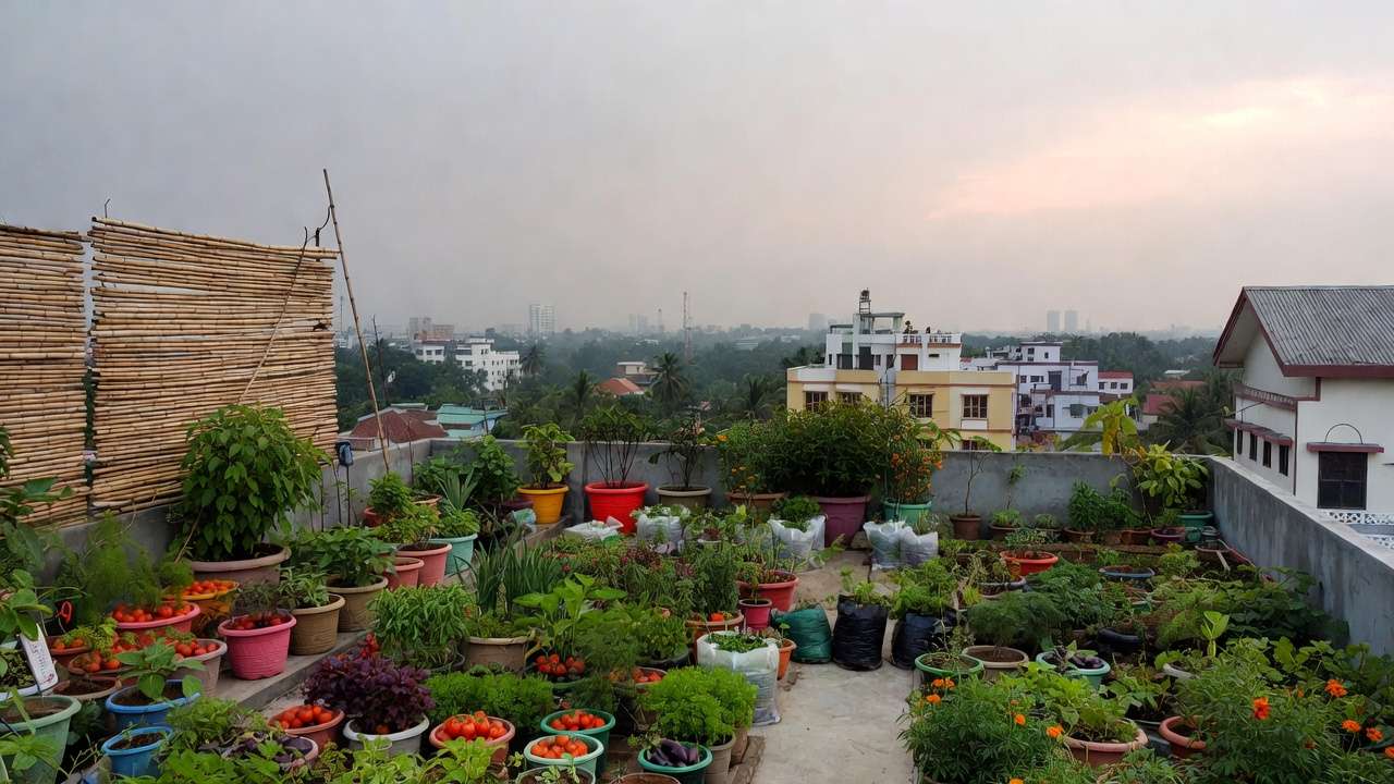 Real Dhaka rooftop vegetable garden success with abundant containers, tomatoes, greens, and city view background