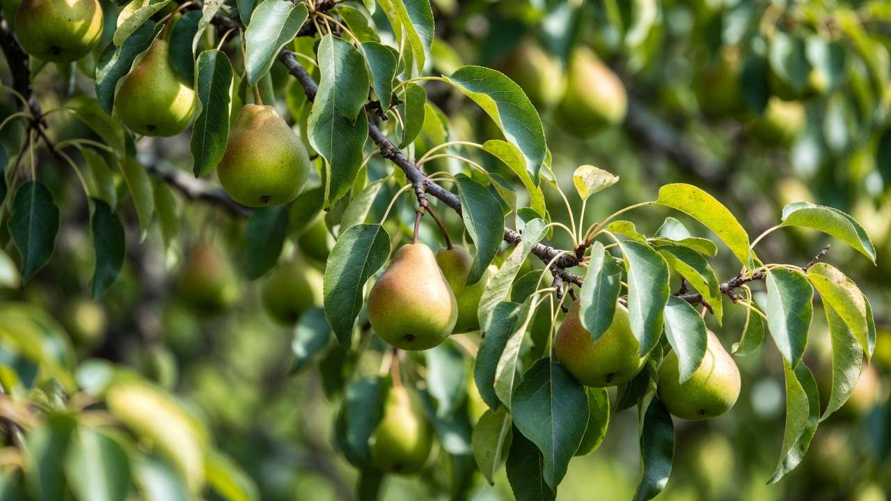 Ripe pears hanging on tree branch in home orchard