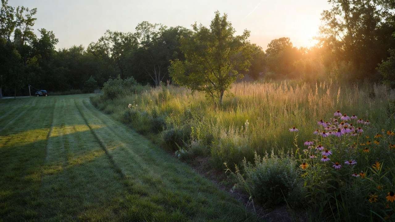 Before and after lawn replacement with native meadow for low carbon footprint landscaping