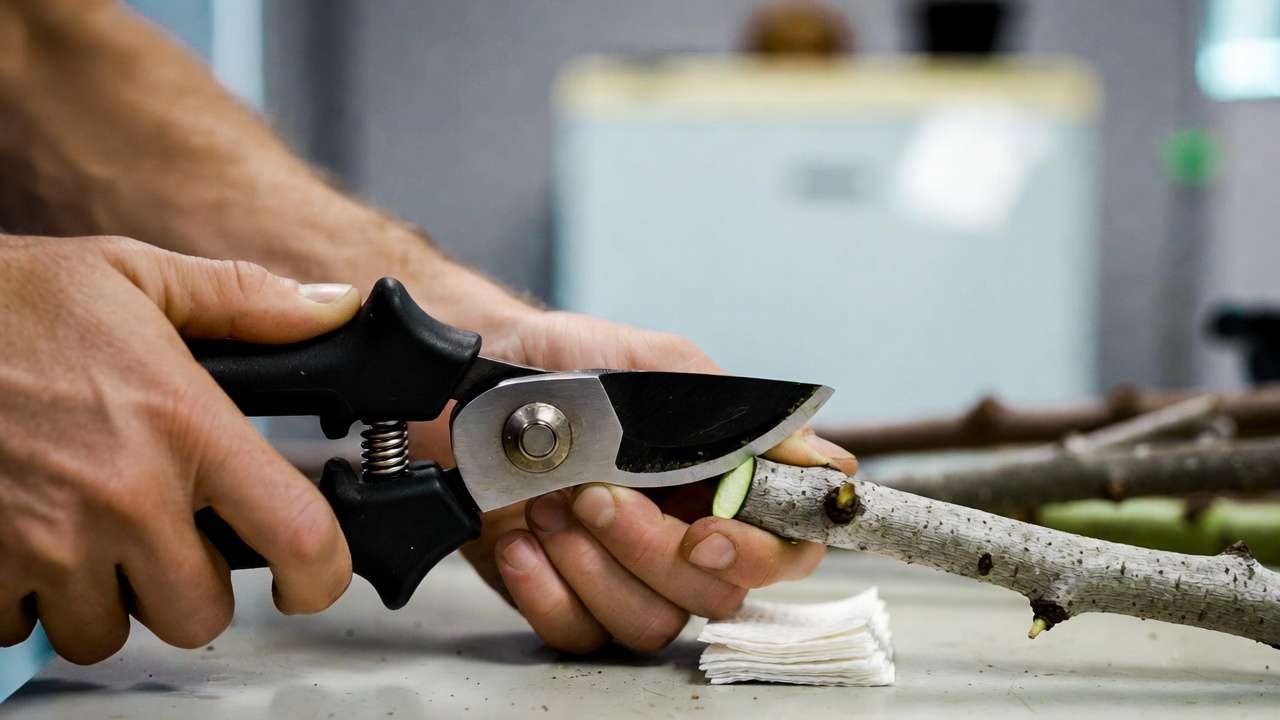 Refreshing scion wood cuts by trimming ends to expose fresh cambium before grafting