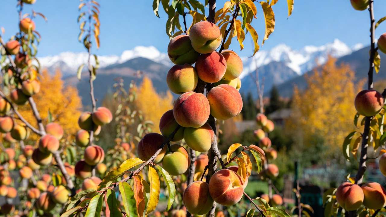 Juicy ripe peaches with red blush on cold-hardy peach tree in northern hardy climate setting.