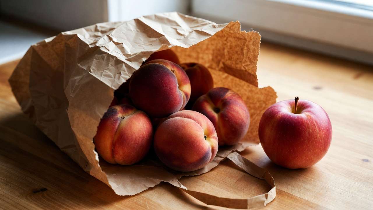 Peaches ripening in paper bag with apple on kitchen counter