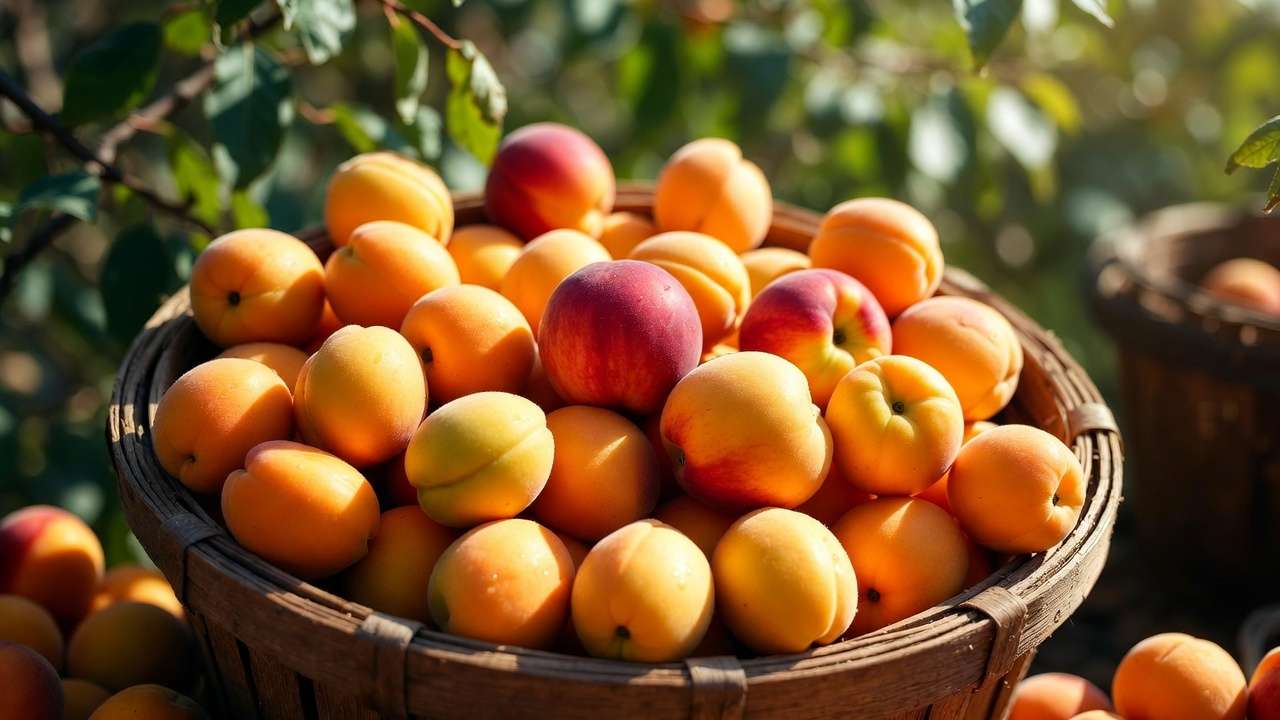 Freshly harvested ripe apricots and peaches in basket from cold-hardy northern trees.