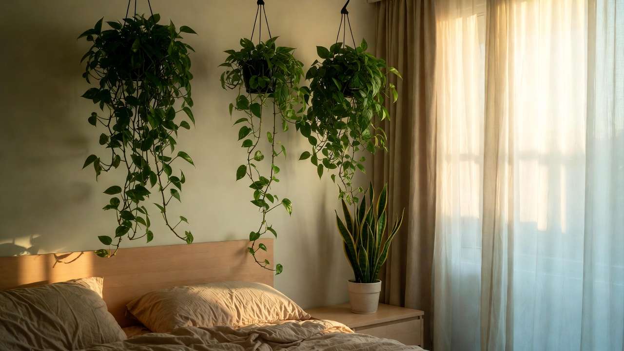 Peaceful bedroom with hanging pothos and snake plant adding calming green color to décor for better sleep