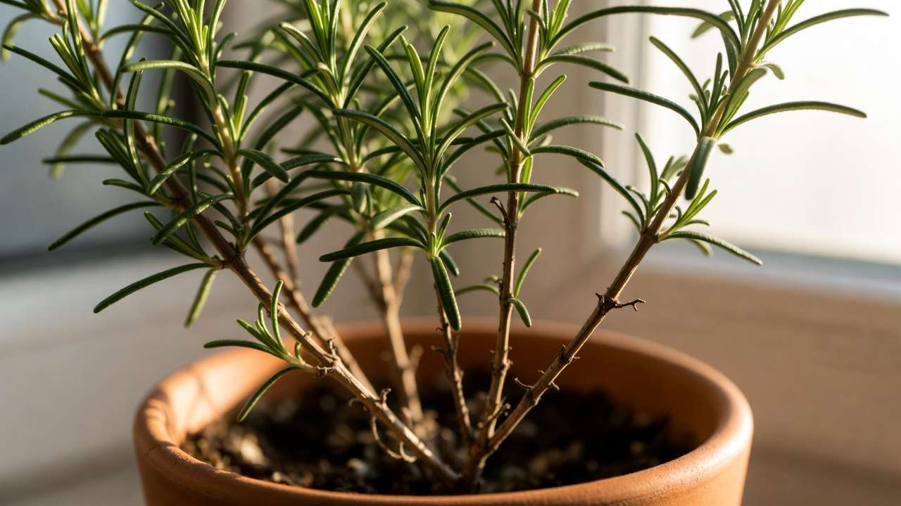 ndoor rosemary herb in pot with fresh green needles for focus memory boost and energizing fragrance.