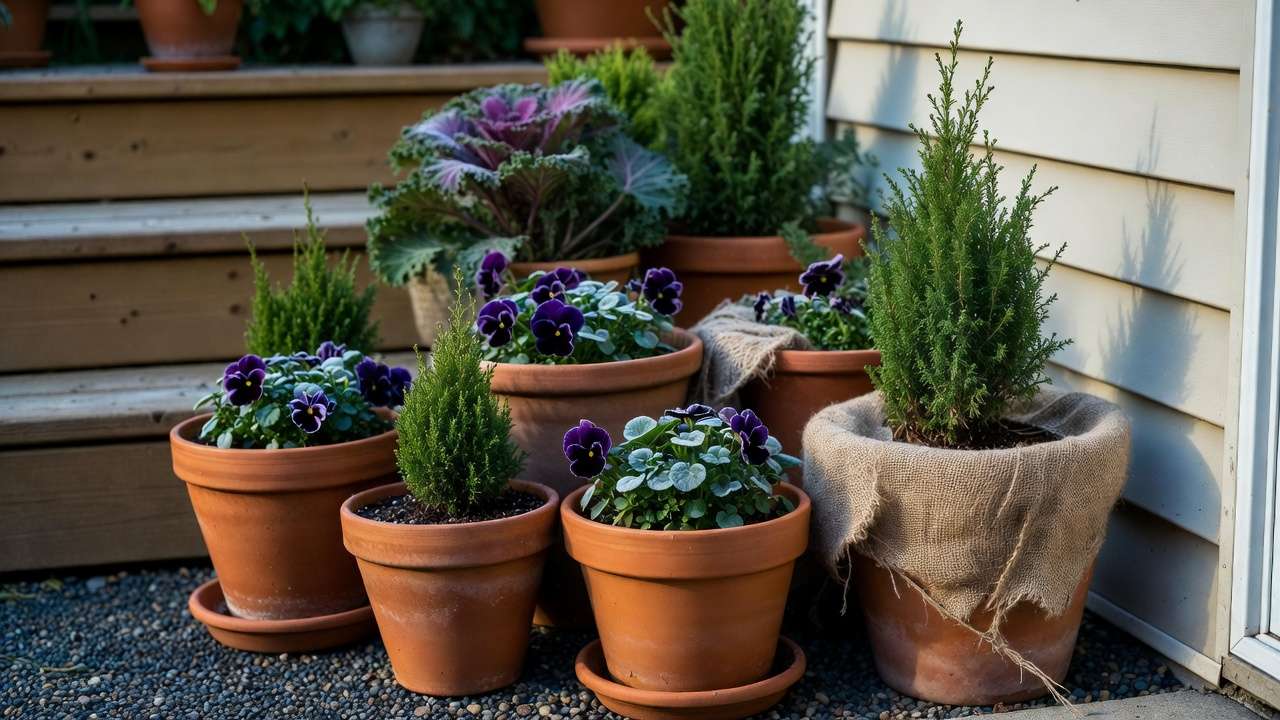 Insulated containers with evergreen plants and winter pansies prepared for cold weather on deck