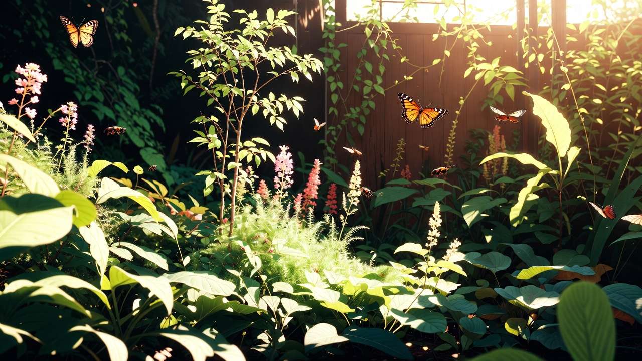 lush dense native plant wildlife habitat in small tropical yard with butterflies and bees