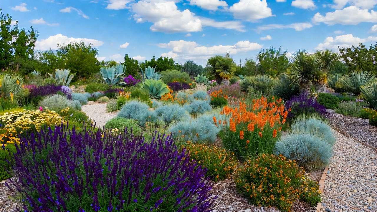 Vibrant summer xeriscaped yard with colorful drought-tolerant plants and mulch for low-maintenance beauty