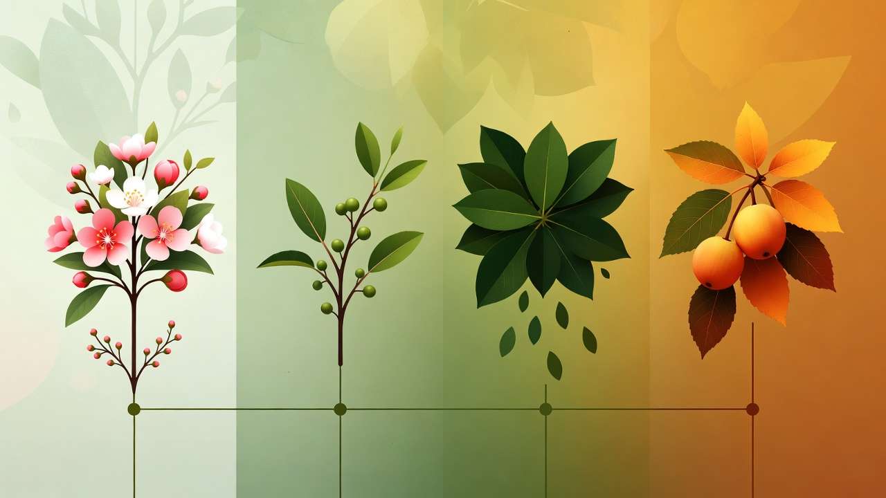 Visual timeline of fruit tree stages from bloom to harvest highlighting key monitoring periods for fruit set and drop